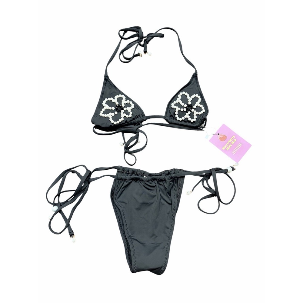 Strawberry Milk Bob Triangle Bikini Set Small Black Pearl Floral Beaded NWT